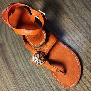 Tory Burch Orange Leather Bryce Slingback Thong Flat Sandals